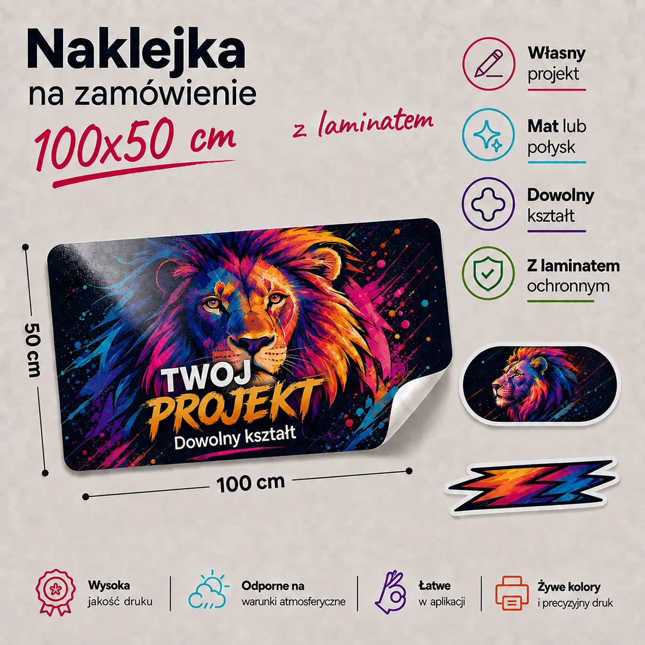 Duża naklejka na zamówienie 100x50 cm z laminatem