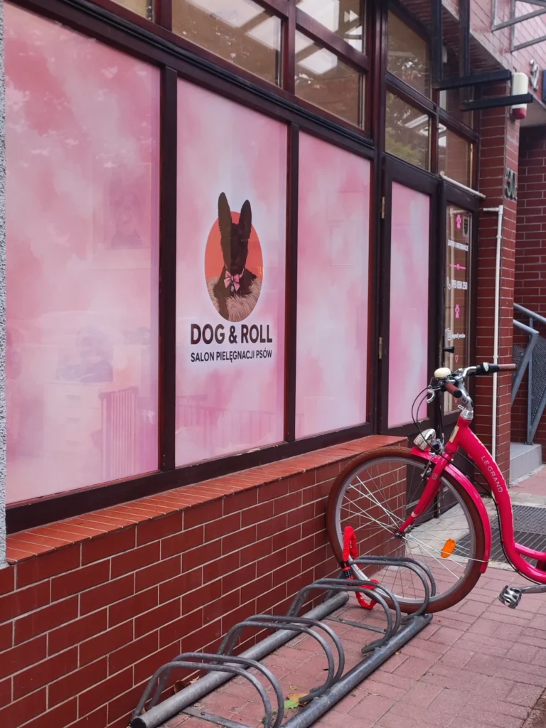 Efekt końcowy oklejenia witryny Dog&Roll folią OWV