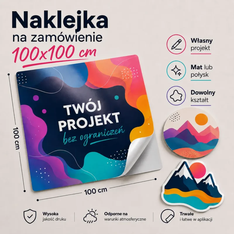 Duża naklejka na zamówienie 100x100 cm z własnym nadrukiem