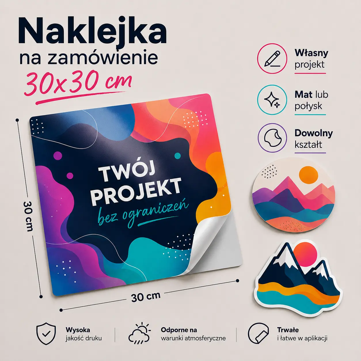 Naklejki na zamówienie 30x30 cm z własnym nadrukiem