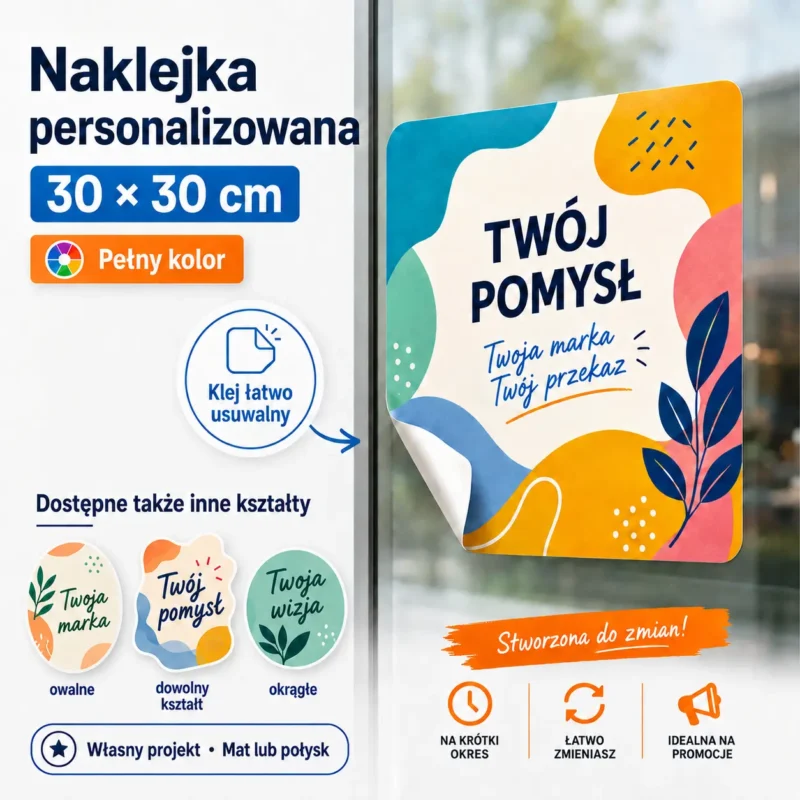 Naklejka personalizowana 30 × 30 cm z pełnokolorowym nadrukiem i klejem łatwo usuwalnym – różne kształty