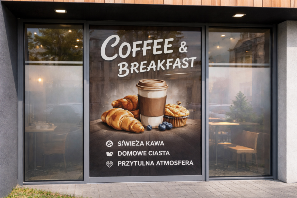 Oklejanie witryn kawiarni folią reklamową