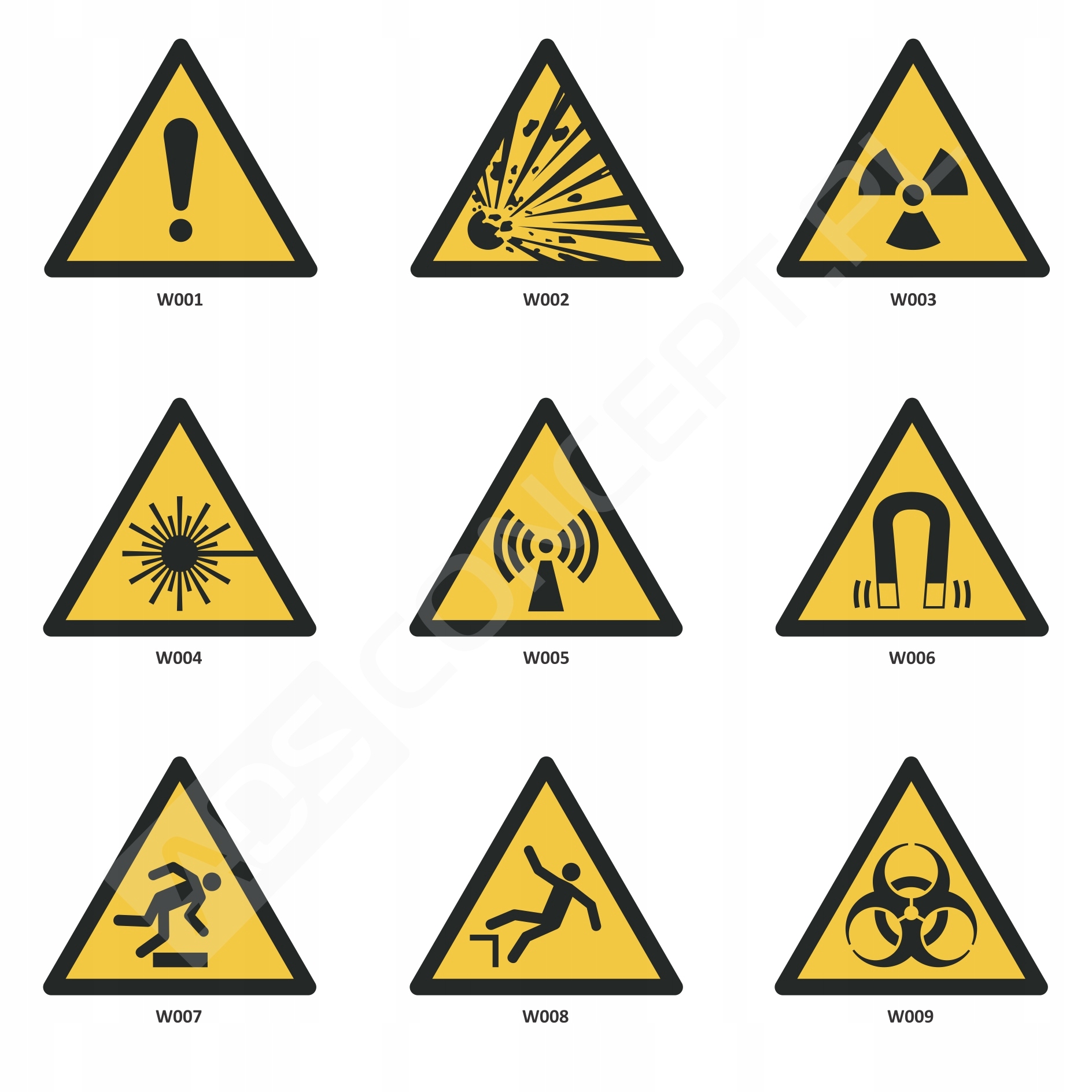 Zestaw wzorów W001–W009 – znaki ostrzegawcze